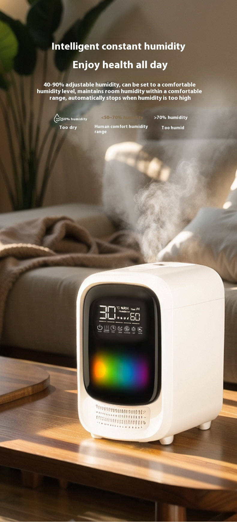 Full set display of humidifier with mist and ambient lighting