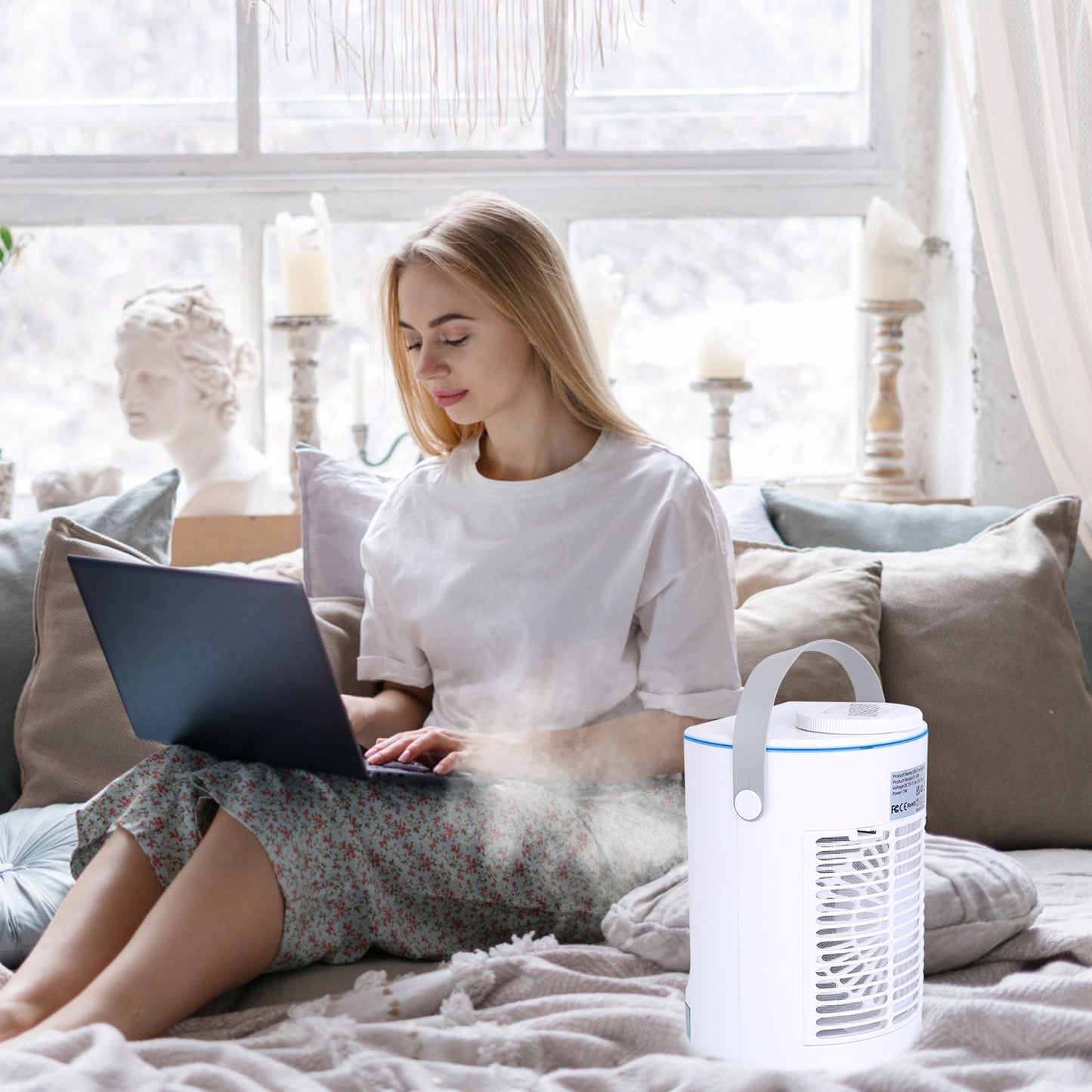 Mini portable AC next to plant and books