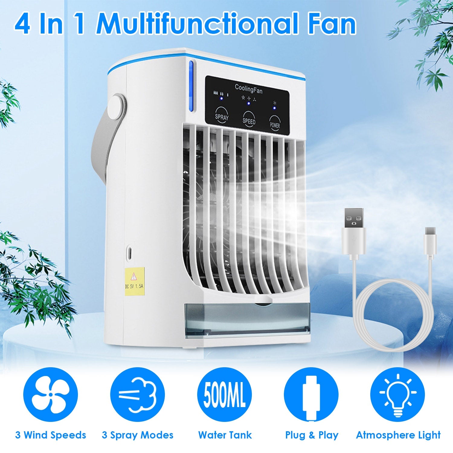 Portable air conditioner humidifier emitting cool mist on desk