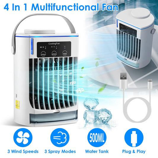 Compact air cooler fan with adjustable speed and LED light