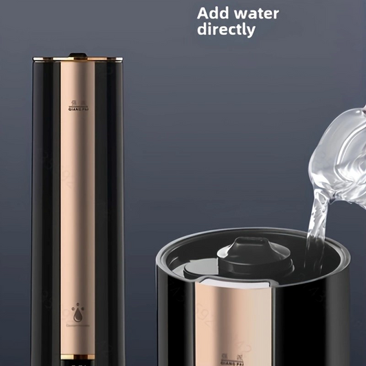 Large-capacity whole-home humidifier on white background emitting mist