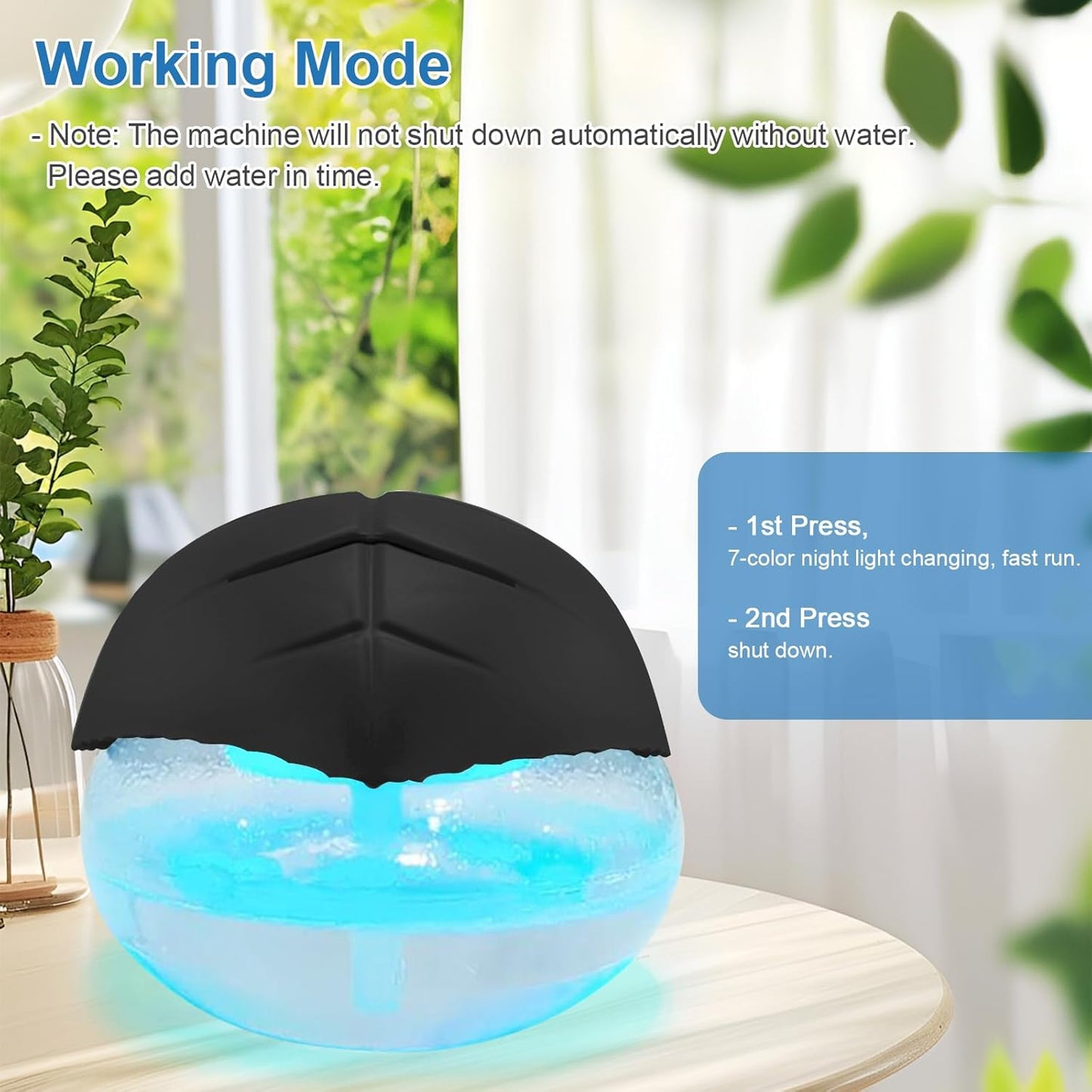 Humidifier running in modern bedroom night mode