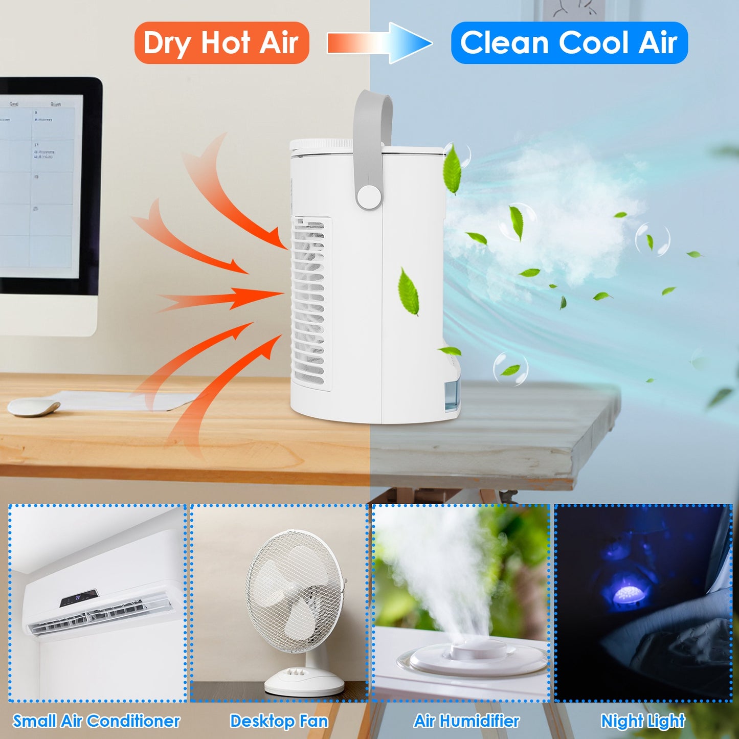 Mini AC humidifier next to laptop for personal workspace use