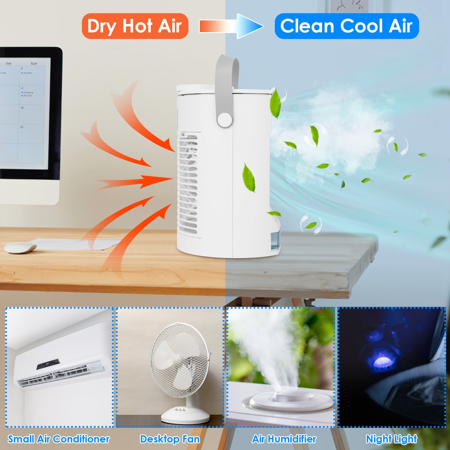 Mini AC humidifier next to laptop for personal workspace use